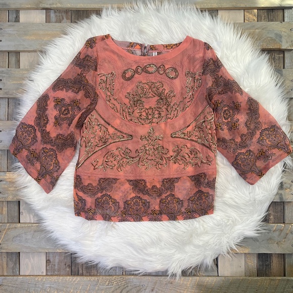 Elegant {Anthro} Beaded <Ignacia> Blouse | Sheer Pink Orange Sequin Top | Small - Picture 3 of 16